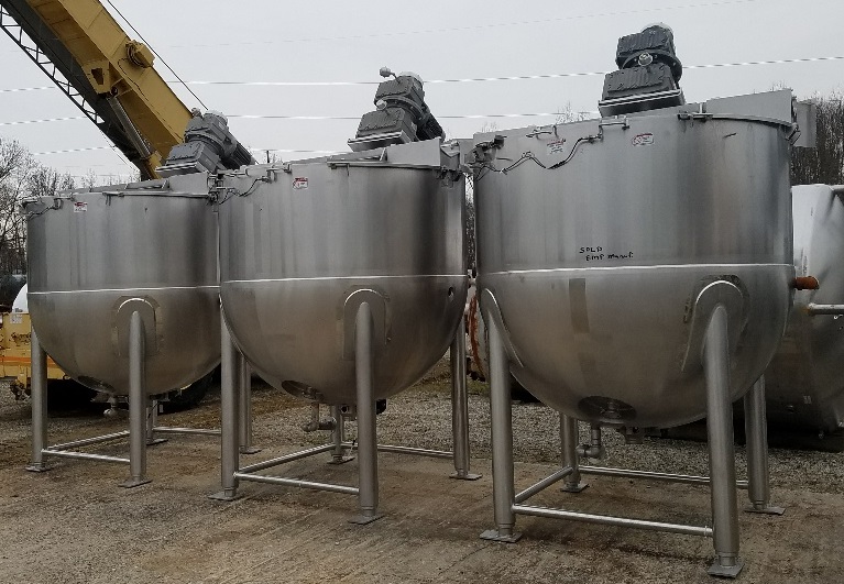 ***SOLD*** (3) used 1000 Gallon LEE Double Motion Jacketed Mix Kettles. Model 1000D9MS.  316 Stainless steel. Jacket rated 90 PSI @ 332 Deg.F. 76